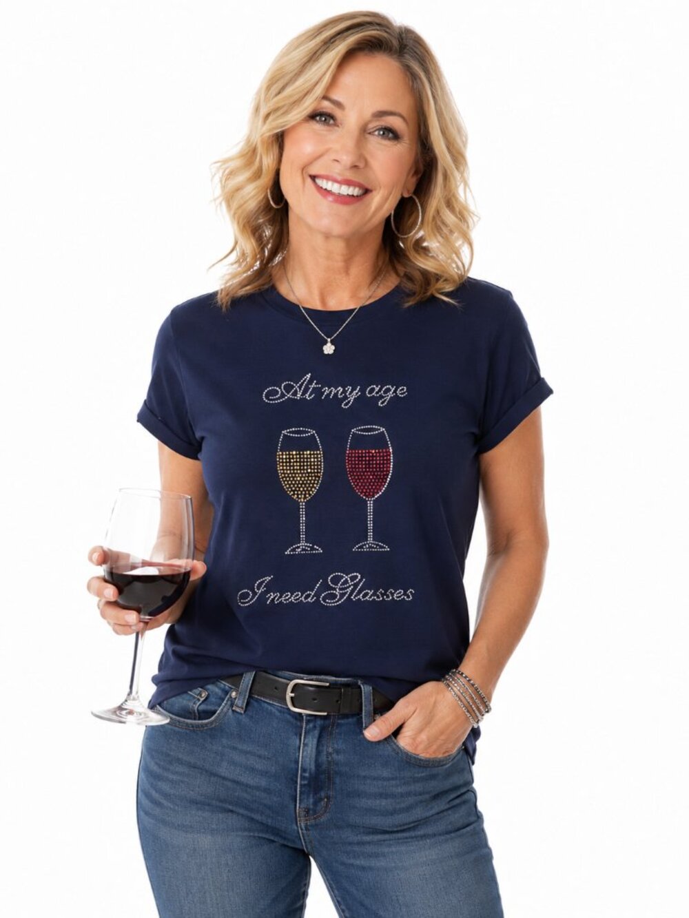 2/$30At My Age I Need Glasses Rhinestone Wine Bling Short Sleeve T- Shirt Sz 2XL